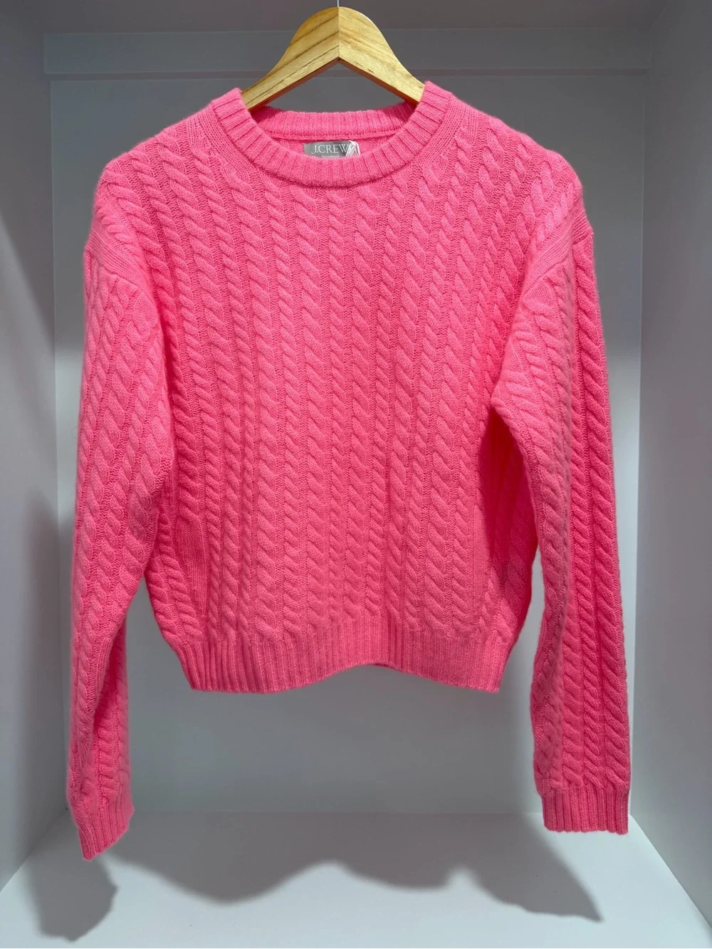 J. Crew perfect cable-knit neon capri pink cashmere crewneck sweater XS CO324